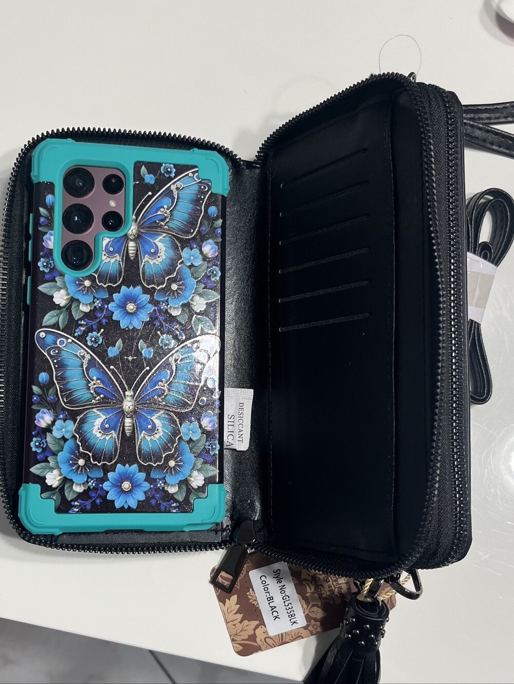 NWT Sam & Hadley Cowhide & Embossed Leather Crossbody w/ Turquoise Accents Black - Picture 13 of 15
